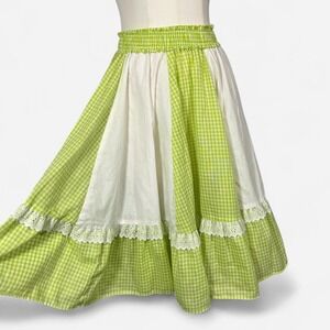 Vintage 70s Green White Gingham Lace Tiered Midi Skirt Prairie‎ Cottage Fits S